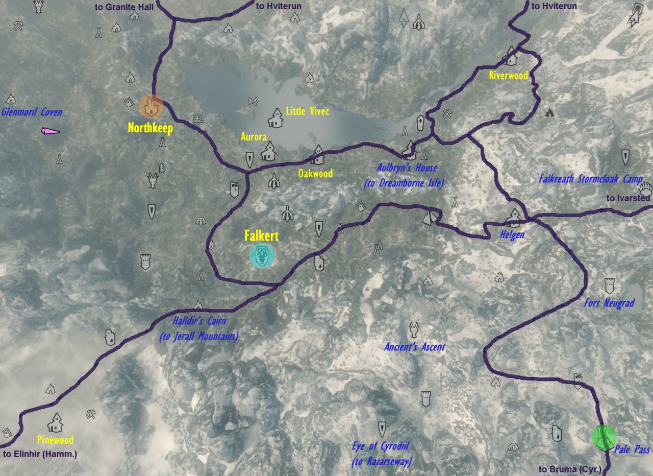 map of southern Skyrim with roads marked as well as placenames from Pinewood to Riverwood