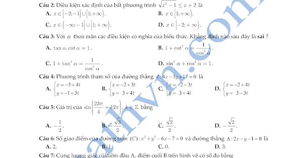 đề thi trắc nghiệm toán 10 học kì 2 có đáp án