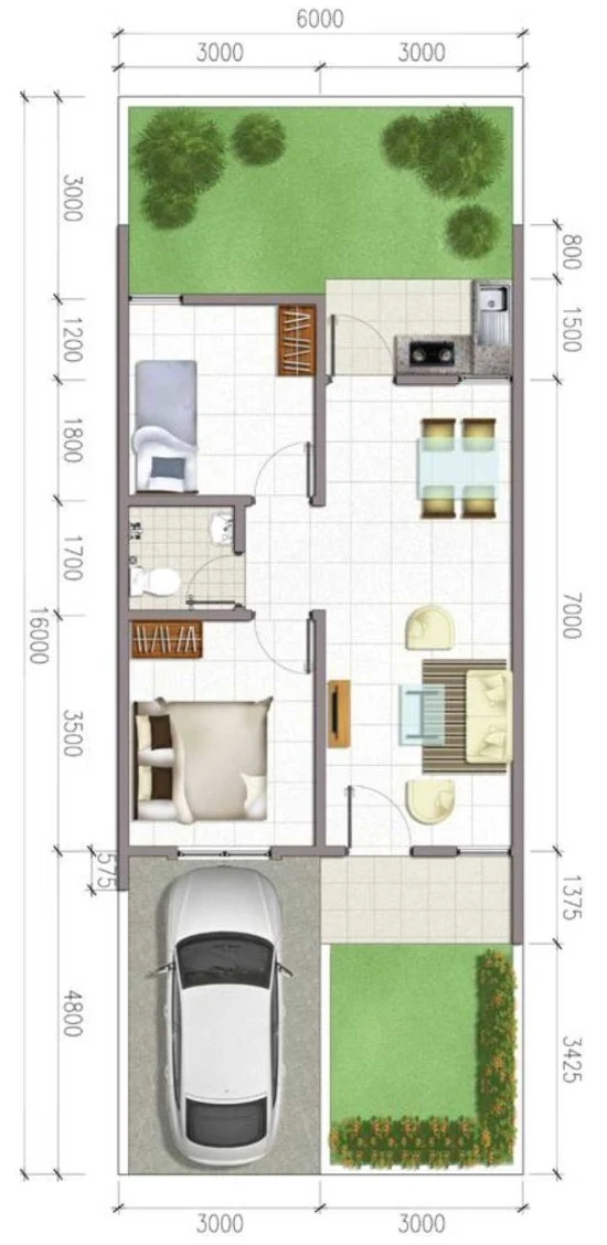 Denah rumah minimalis ukuran 6x16 meter 2 kamar tidur 1 lantai 