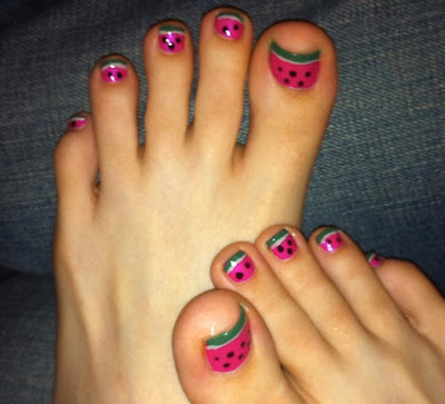 watermelon, nail art, toes, pink, green