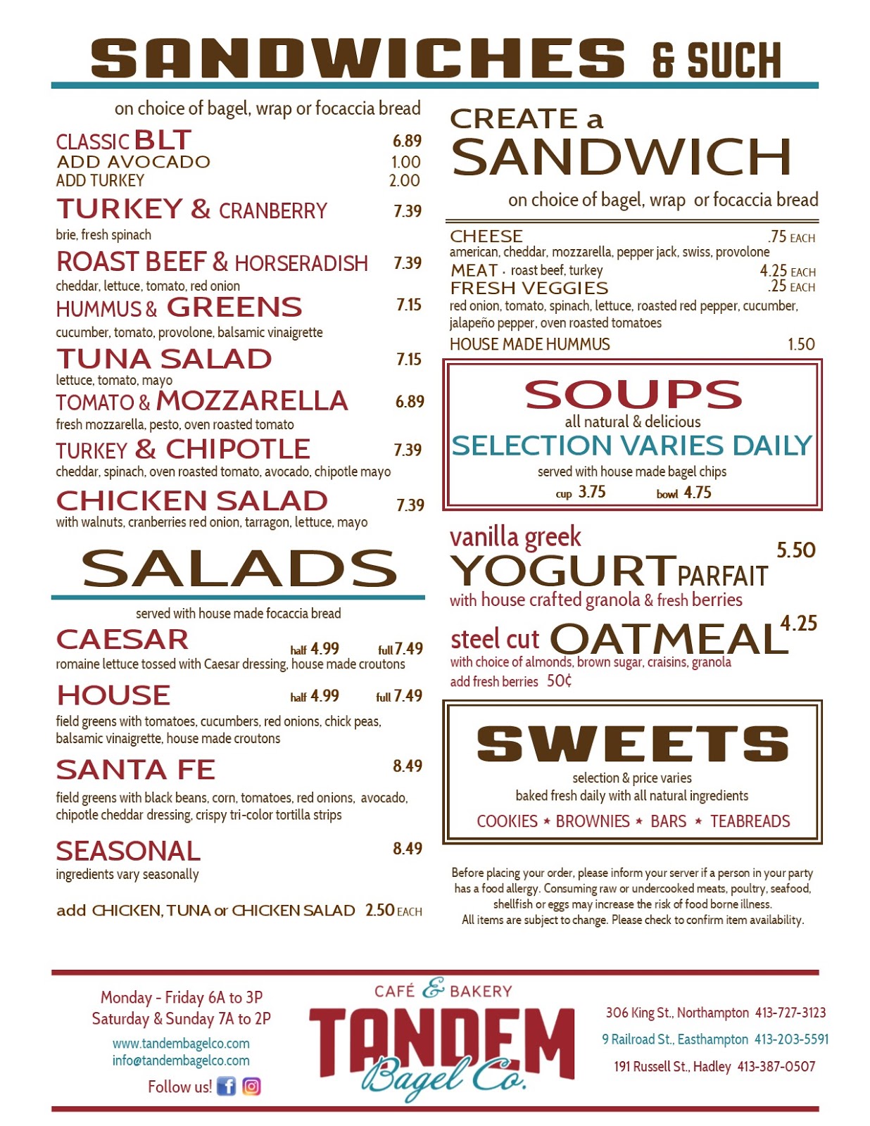 Menu Tandem Bagel Company
