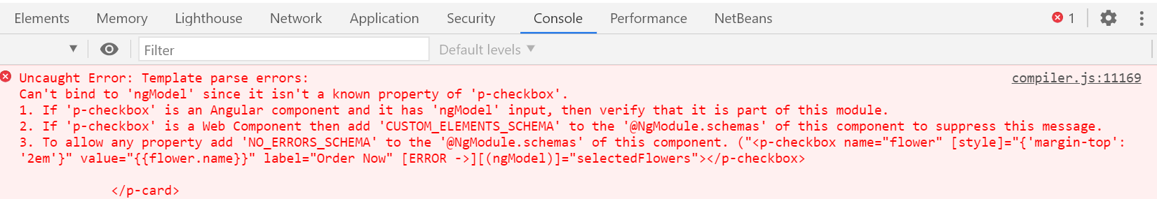 can't bind to 'ngmodel' since it isn't a known property of 'p-checkbox'.