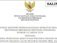 Permenpan RB Nomor 23 Tahun 2019 Tentang Kriteria Penetapan Kebutuhan PNS dan Pelaksanaan Seleksi CPNS Tahun 2019 