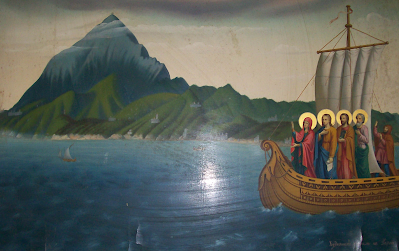 Εικόνα της Υπεραγίας Θεοτόκου που διαλέγει τη χερσόνησο του Άθωνα, βρίσκεται στην Ιερά Μέγιστη Μονή Βατοπαιδίου.