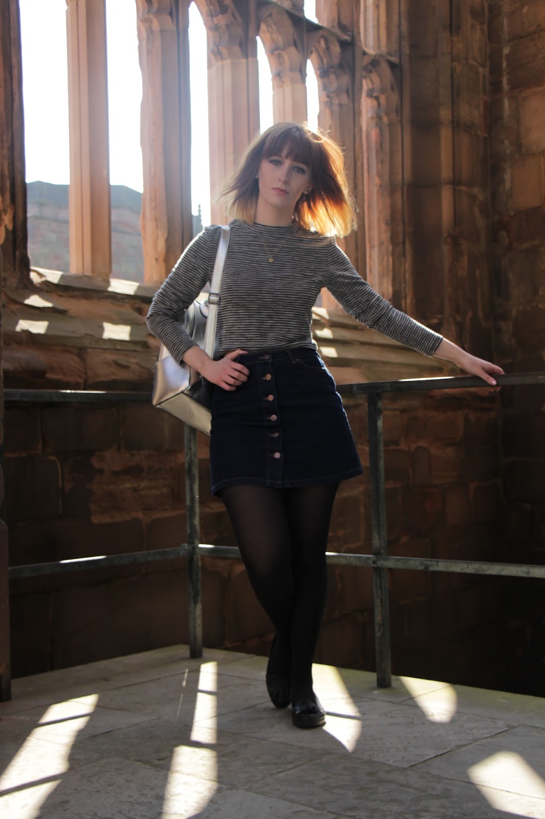 denim skirt stripes sixties outfit