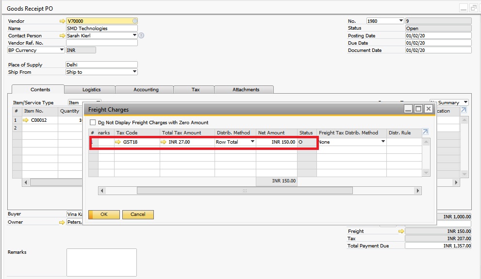 SAP Business One Knowledge Manage Freight Charges in Purchasing Document