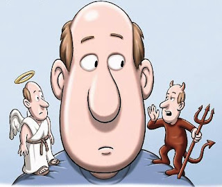 An animated image of a devil and angel of a person sitting on the shoulder