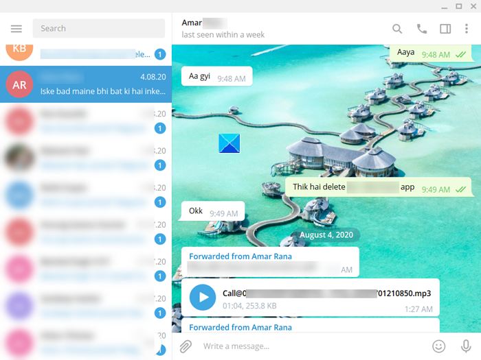 Nascondi chat nell'app Telegram per PC