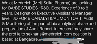 Meiji Seika Pharma Bangalore jobs for R&D BA B.E apply now