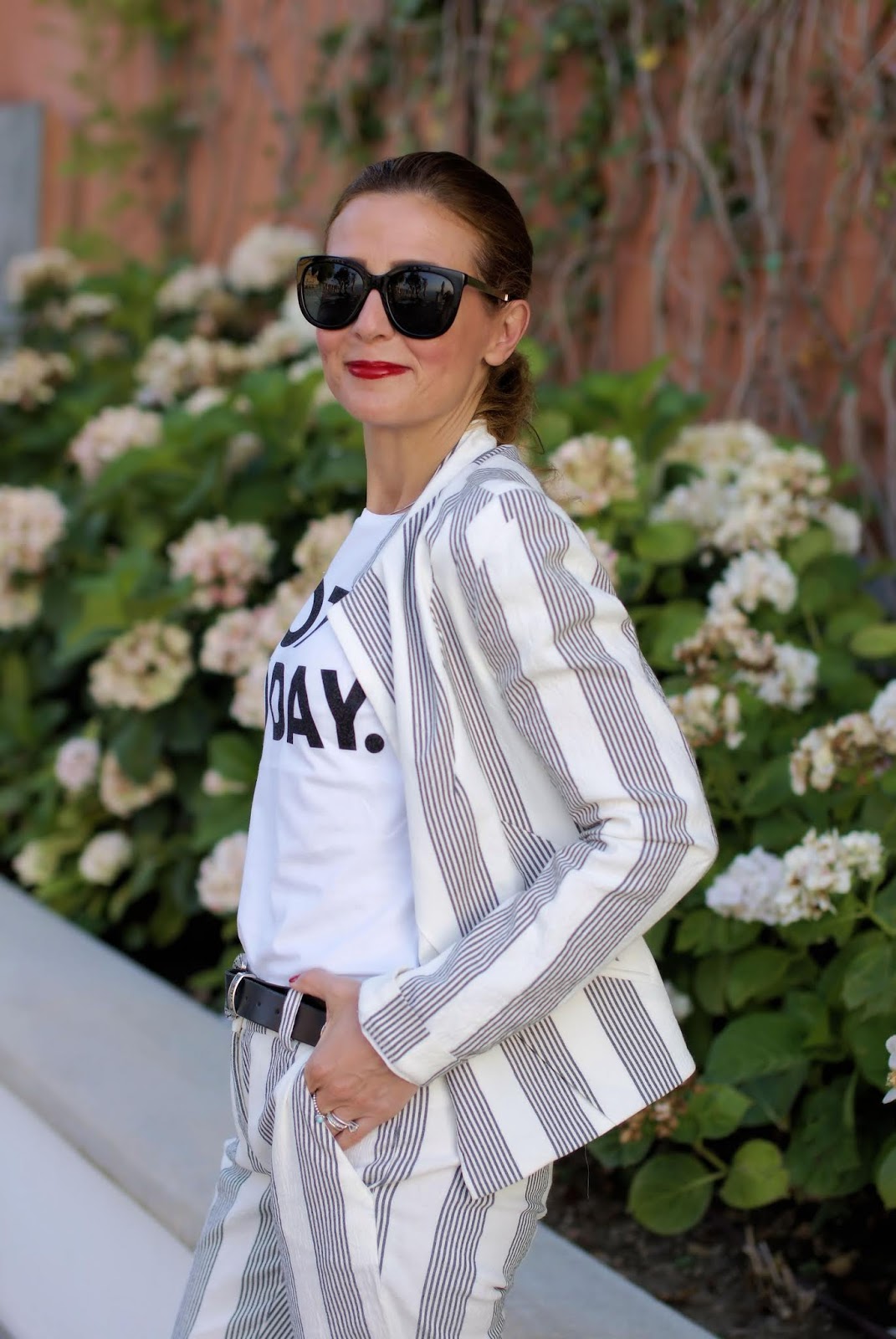 Not today: black and white striped suit on Fashion and Cookies fashion blog, fashion blogger style