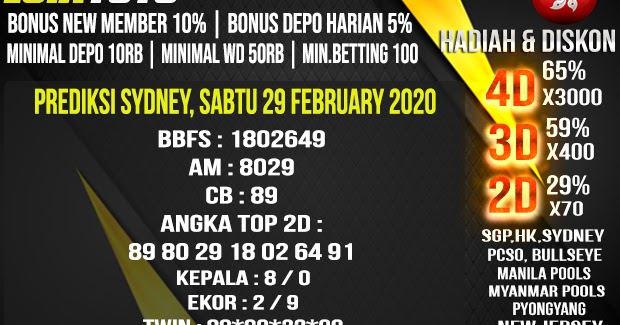 Prediksi Togel Sydney Pools, Sabtu 29 February 2020 PREDIKSI TOGEL