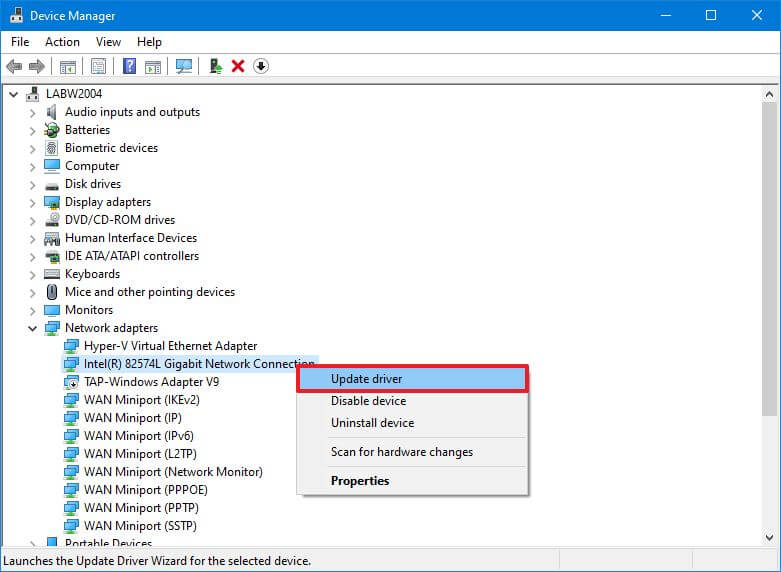 device manager update driver option