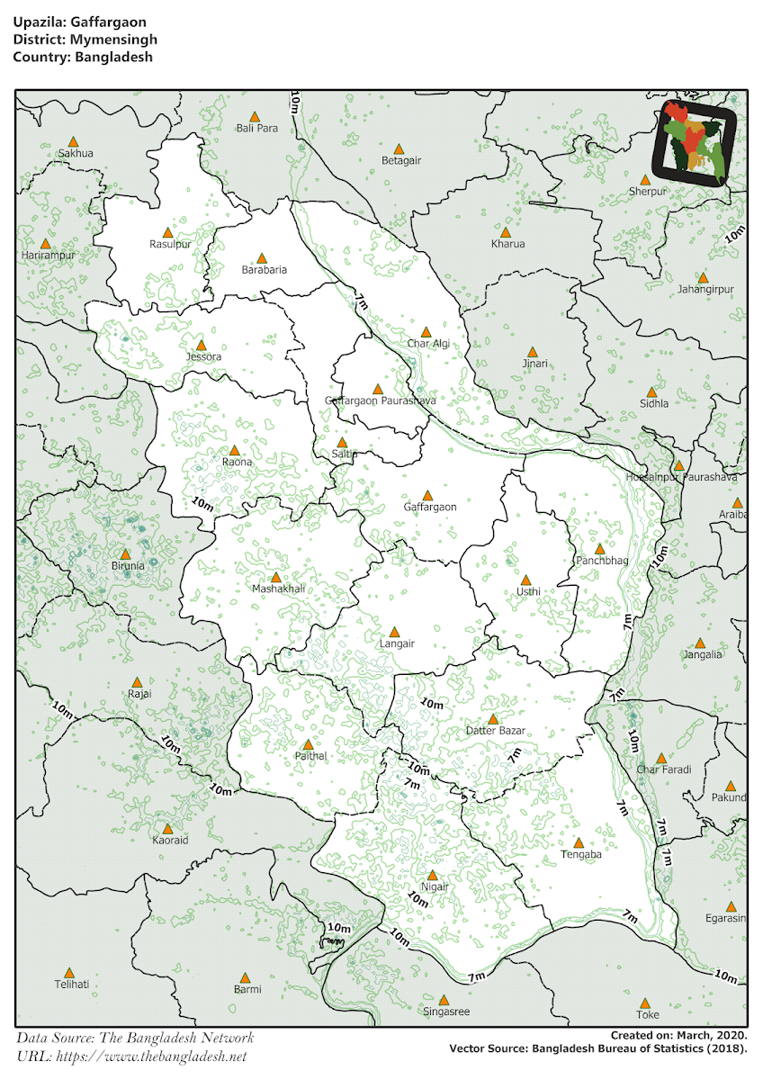 Gaffargaon Upazila Elevation Map Mymensingh District Bangladesh