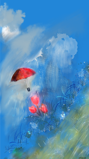A magical delusion in a rainy day with a clouded and ashen blue sky, flowers, magical umbrella and a waterbody seemingly dancing in the music of Nature.