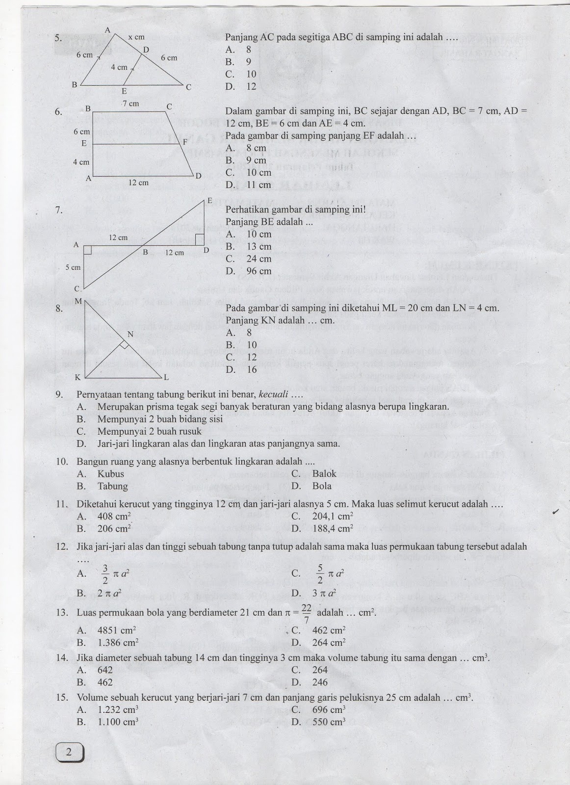 Soal UAS Matematika SMP Semester Ganjil 2014-2015