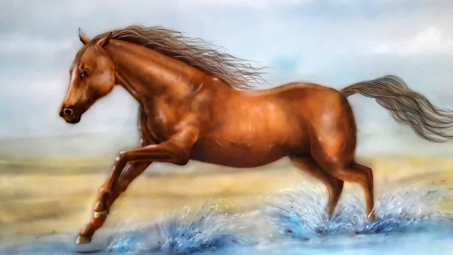 Malowanie obrazu na ścianie, konie w galopie, motyw konia w malarstwie, obraz biegnący koń, konie w malarstwie, portret konia, malowanie koni na ścianie
