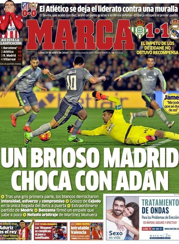 Real Madrid, Marca: "Un brioso Madrid choca contra Adán"