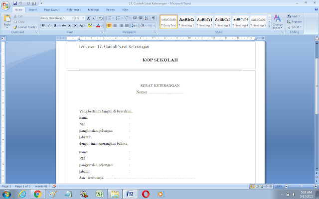 Contoh Surat Keterangan Guru/Pegawai Sekolah