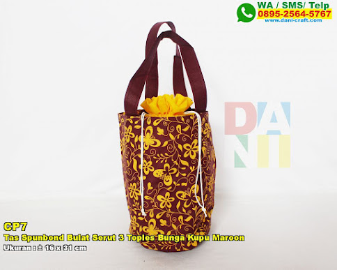 Tas Spunbond Bulat Serut 3 Toples Bunga Kupu Maroon