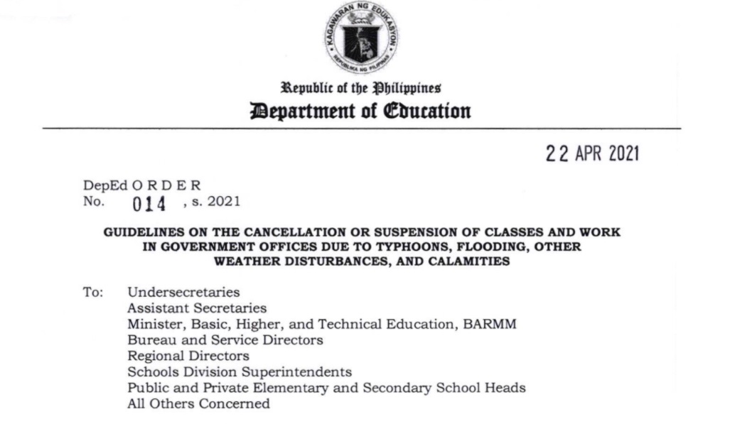 April 22 Guidelines on the Suspension of Classes and Work in