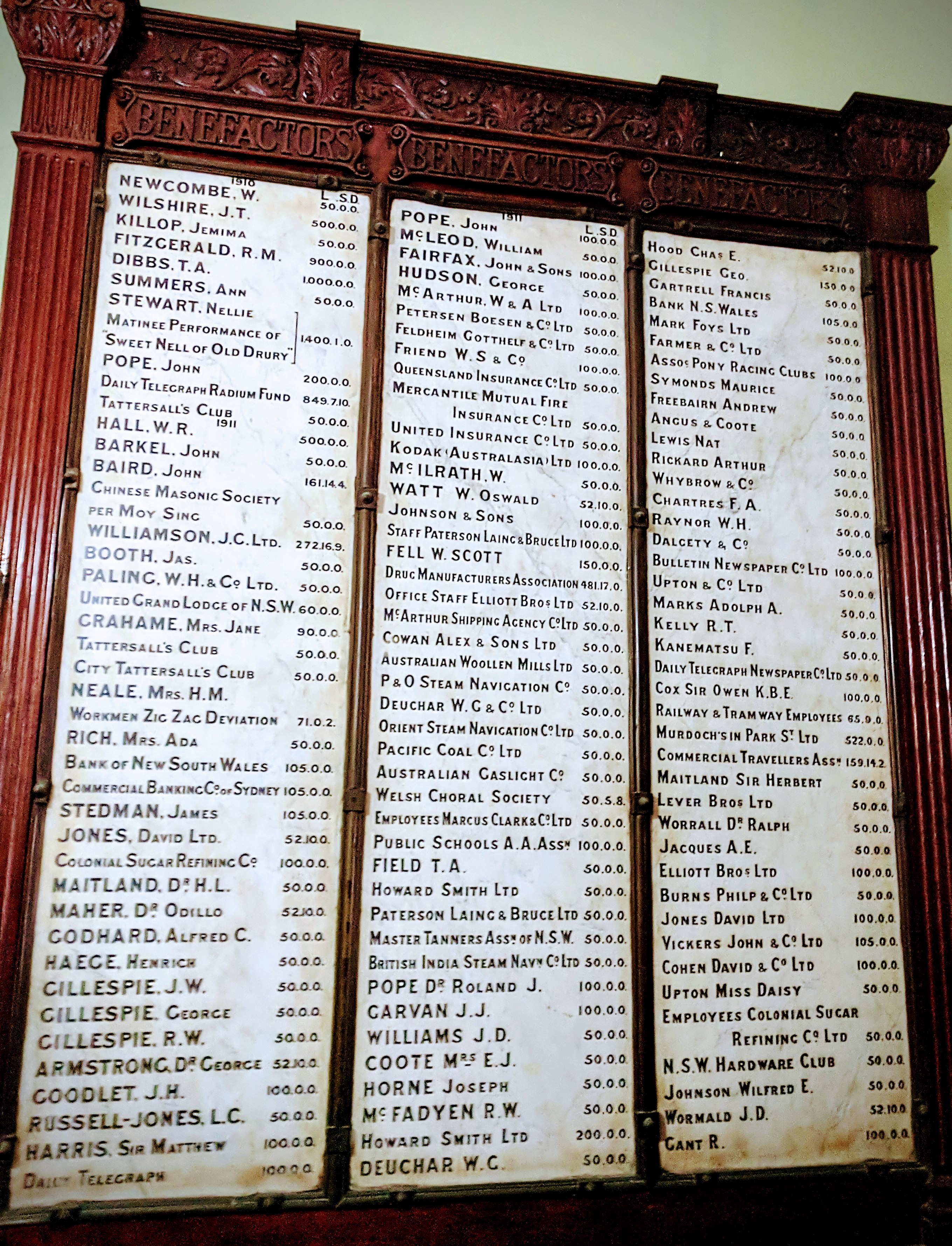 Benefactors of Sydney Hospital, large plague of names