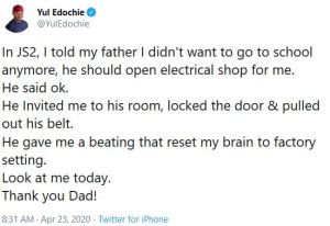 What My Father Did To Me When I Tried To Drop Out Of School In JSS2 - Actor, Yul Edochie Reveals Nollywood star actor, Yul Edochie, son of the legendary Nollywood veteran, Pete Edochie has taken back to memory lane to recall an interesting scenario that occurred between him and his father while growing up.