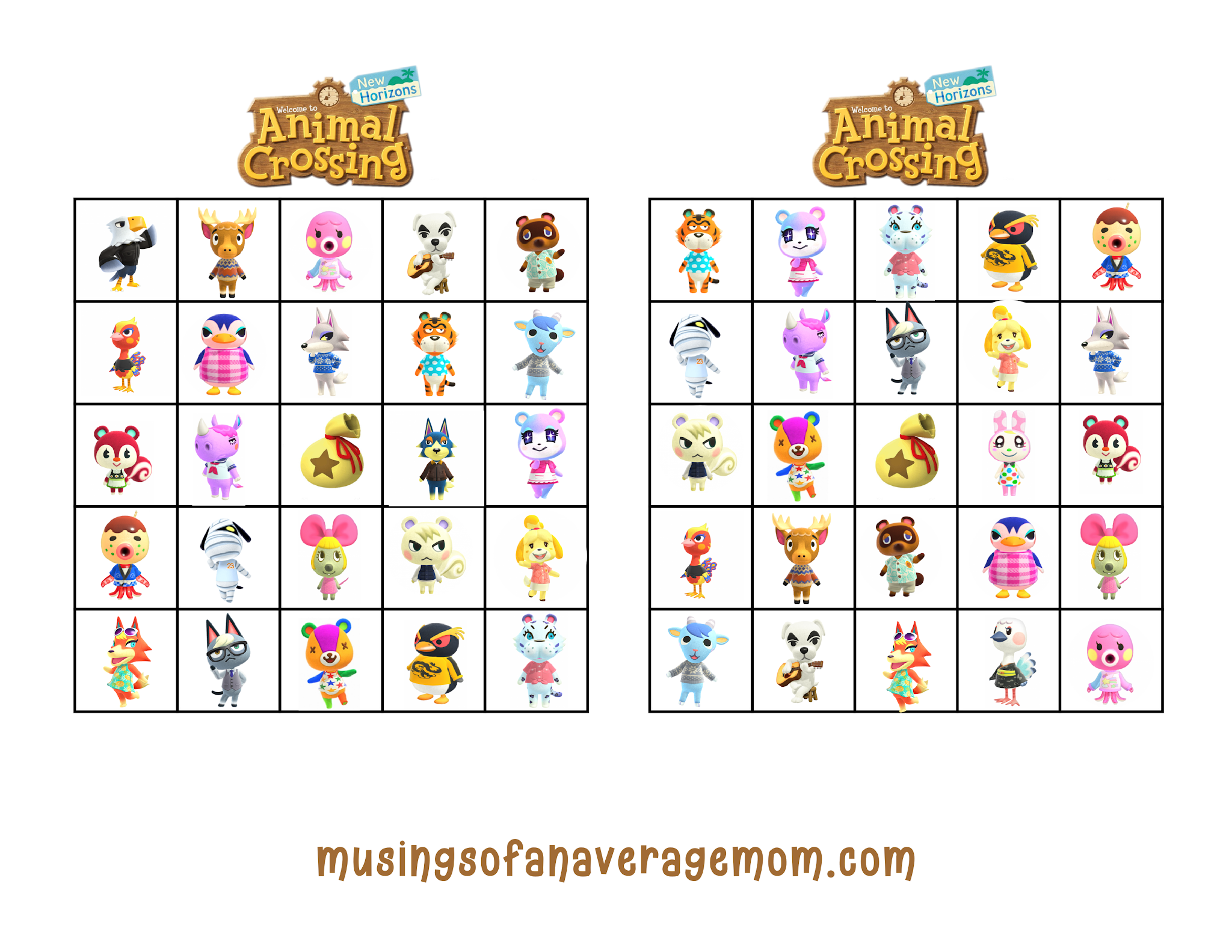 Musings of an Average Mom Animal Crossings New Horizons Bingo