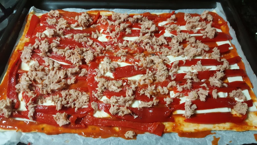 Pizza pimientos rojos, anchoas, atún y queso