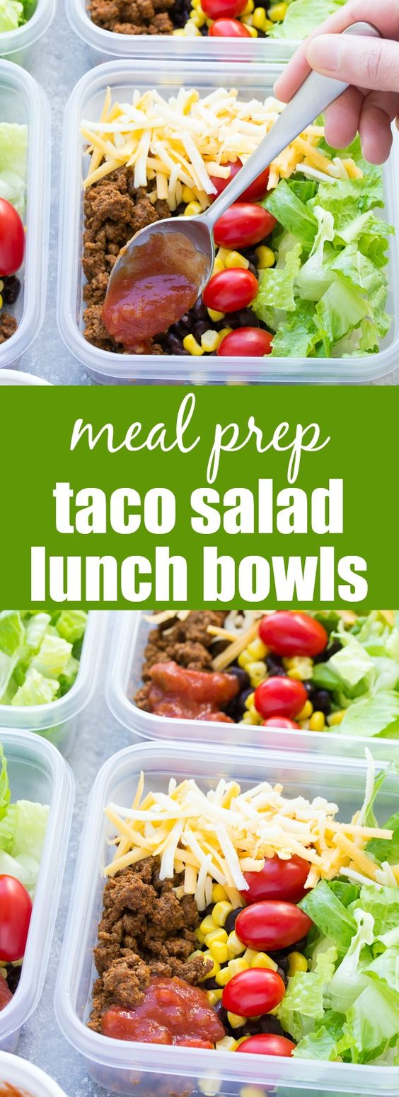 Meal Prep Taco Salad Lunch Bowls that you can make ahead! These easy taco salads are filled with taco beef, lettuce, cheese, black beans, corn and salsa! |