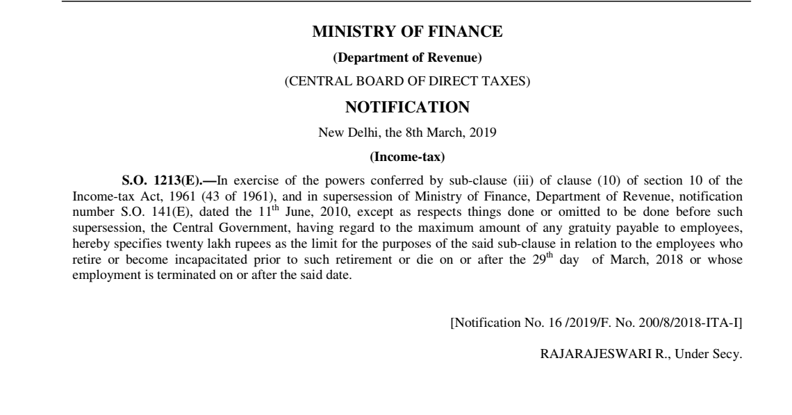 Exemption u/s 10 of Tax Rs. 20 Lakh for Gratuity w.e.f. 29.03.