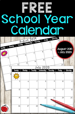 Free School Year Calendar 2019-2020 Terri's Teaching Treasures