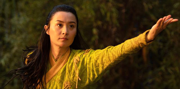 Li (Fala Chen) prepares to fight Wenwu, the future father of her children, in SHANG-CHI AND THE LEGEND OF THE TEN RINGS.