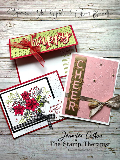 Three cards made with the Stampin' Up! Words of Cheer Bundle (2 Real Red and 1 Blushing Bride).  More info/details on the blog and video.  Jennifer Cotton Stampin' Up! Demonstrator