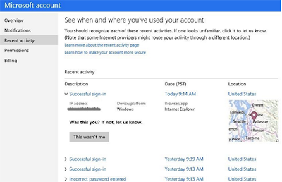nueva actividad reciente de inicio de sesion Microsoft Outlook
