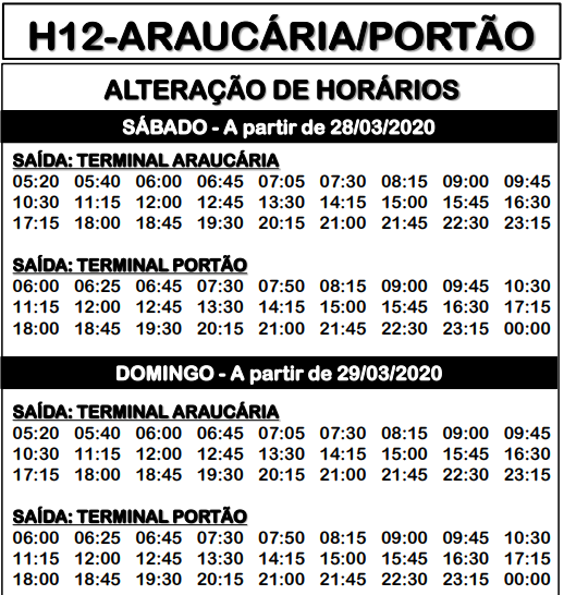 Horário de ônibus H12 ARAUCÁRIA / PORTÃO 2021 | Araucária PR - Horário