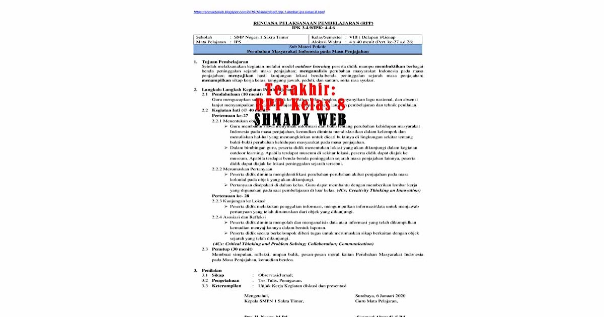 Rpp 1 Lembar Perubahan Masyarakat Indonesia Pada Masa Penjajahan Kls 8