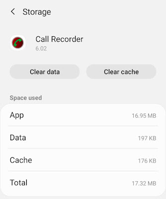 Clear call recorder app data and cache