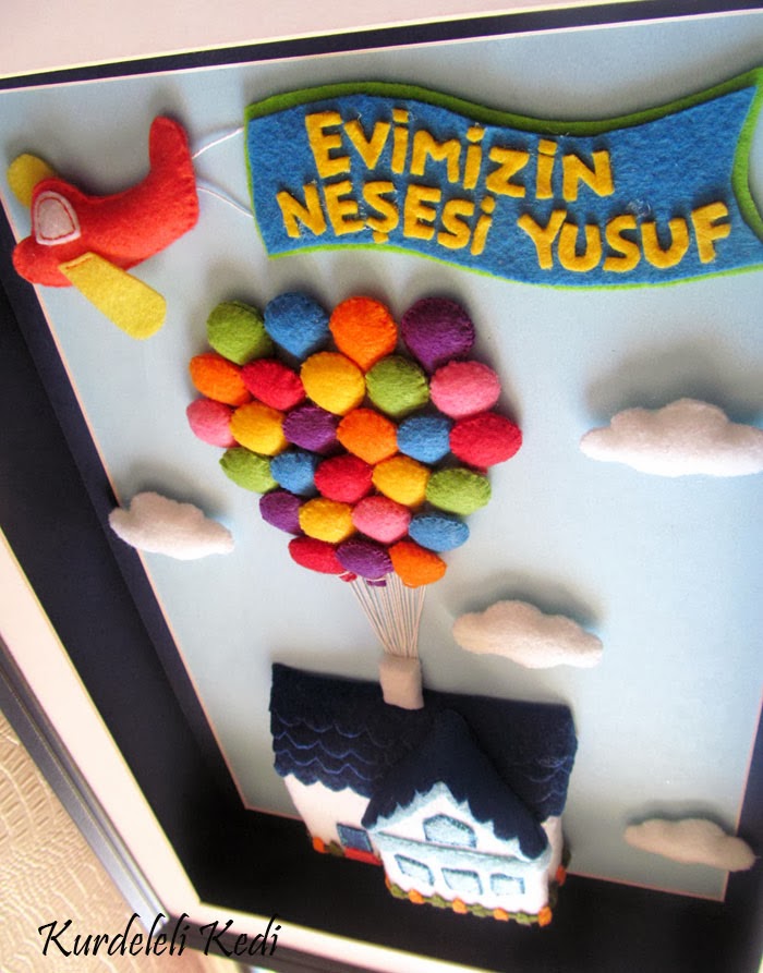 Kurdeleli Kedi "Balonlu Ev" Keçe Tablo Çalışmam 2