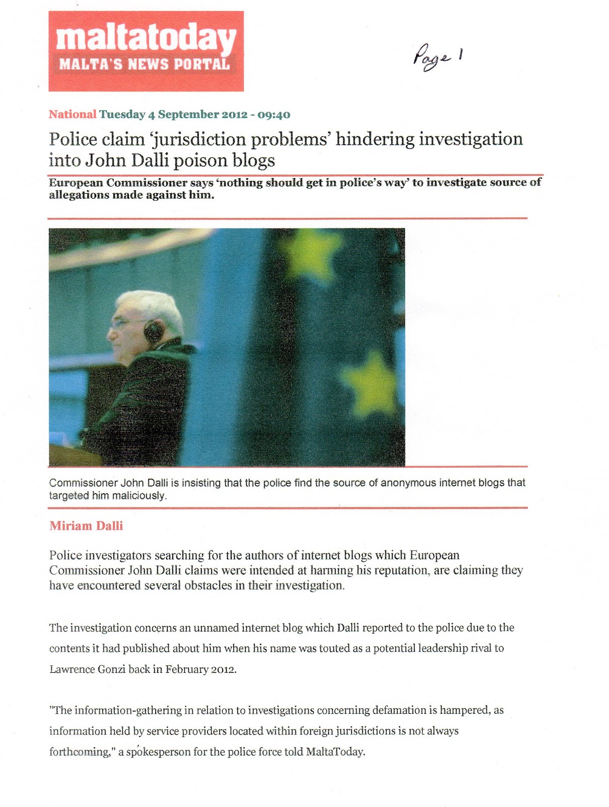 P1 - John Dalli Reports Blogs To Police