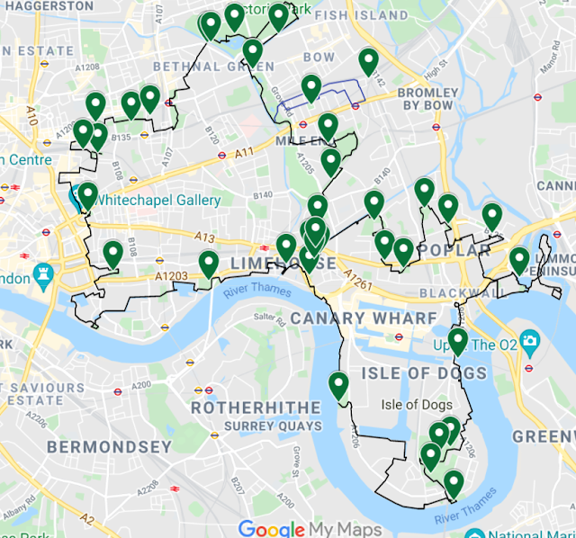 A map of the parks in Tower Hamlets with a suggested walking route to link them all together