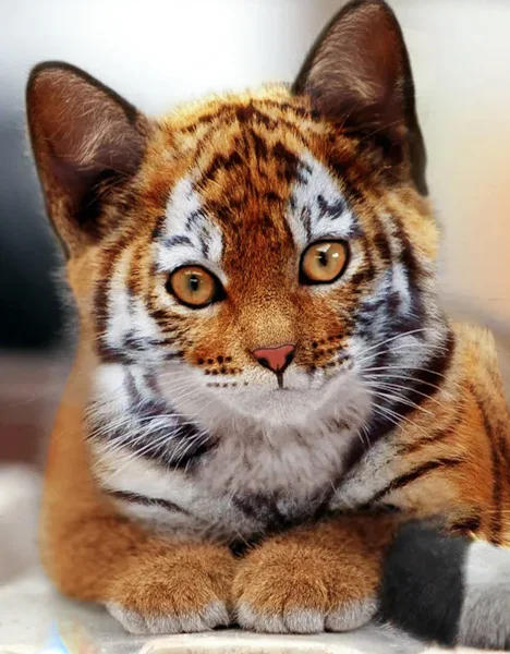 Toyger purebred cat? No, photo-editing of tiger cub + domestic cat