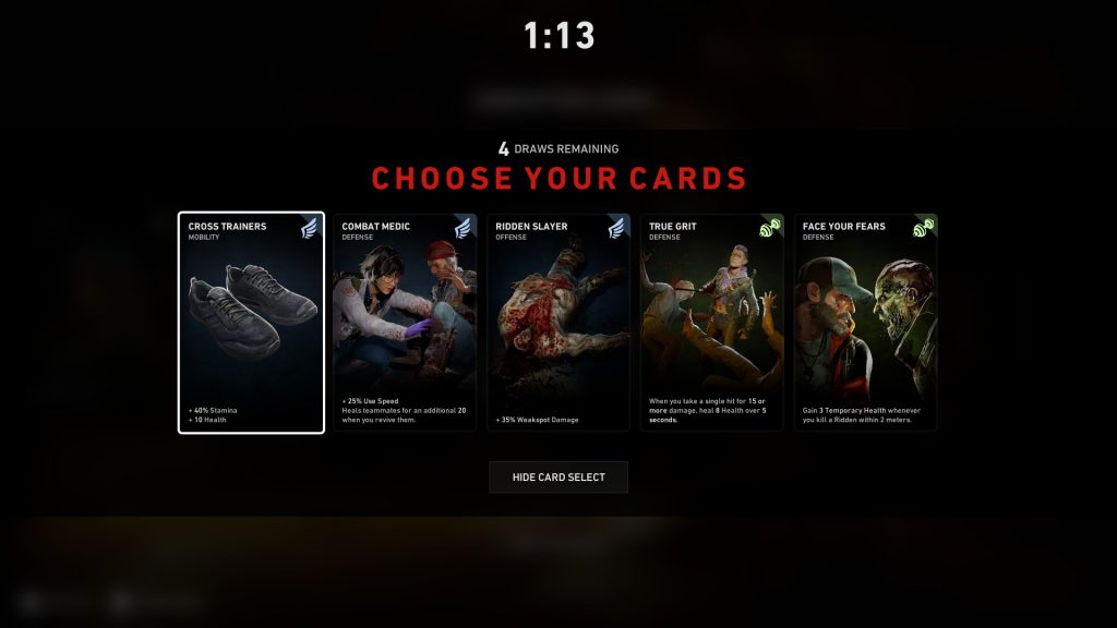 At the beginning, people choose 5 cards from their deck - these are their starting perks.