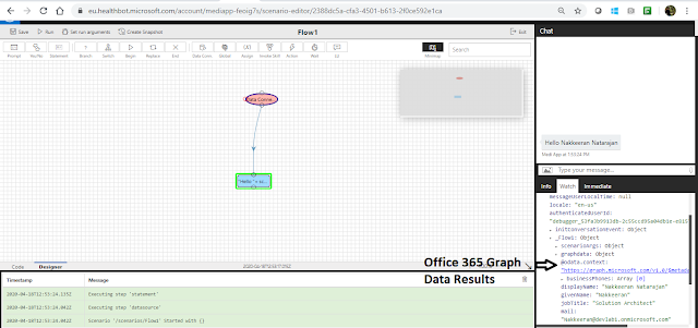 BOT Service shows the flow configured, chat window, and debugger window showing the run results