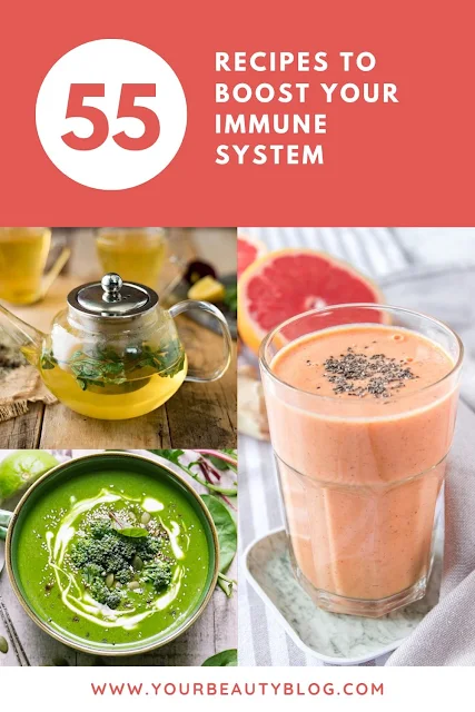 55 immune boosting foods to try right now. This has recipes for soup, meals, smoothie, dinner, tea, shot, and drinks for breakfast, snack or dinner. These recipes are packed with vitamins, herbs, and antioxidants to help you feel better with natural food.  Make an orange smoothie, green shot, or elderberry food for kids or adults.  #wellness #immuneboosting