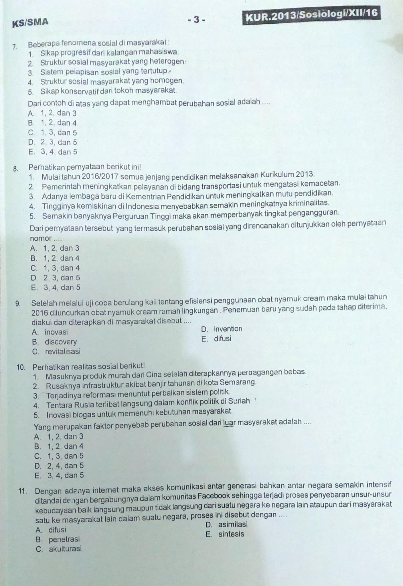 Latihan Soal Perubahan Sosial Kelas XII IPS 3 dan 4