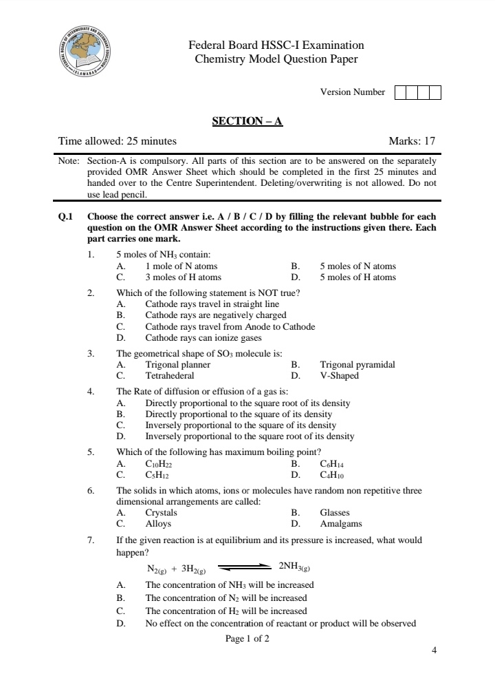 FBISE Class 11 Chemistry paper, pattern and scheme of studiesLatest