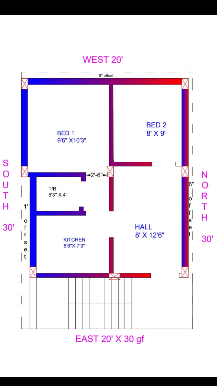 20 × 50 north face house plan with interior design on map