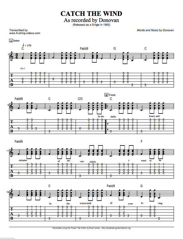 Guitar Tabs Tabs and Song Sheets For Catch The Wind by Donovan