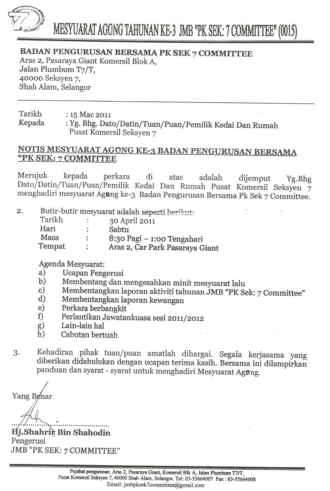 Notis Jemputan Mesyuarat Agung ke 3 – Badan Pengurusan 