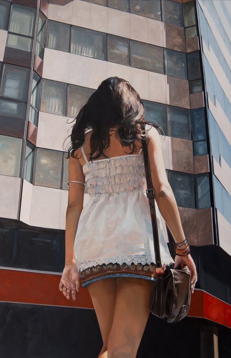 Marc Figueras pinturas foto-realistas mulheres anônimas de costas bicicletas andando pela cidade